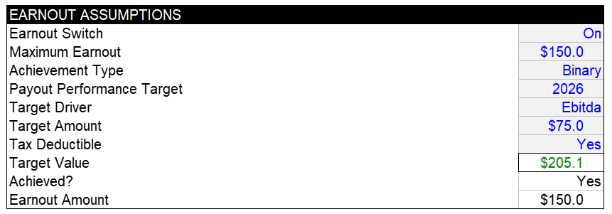 Earn Out Excel Assumptions