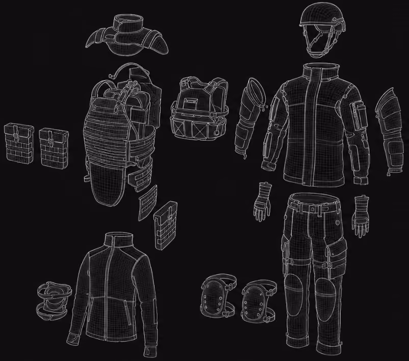 Technische Darstellung eines modularen Schutzsystems mit Bekleidung, Helm und Körperpanzerung.