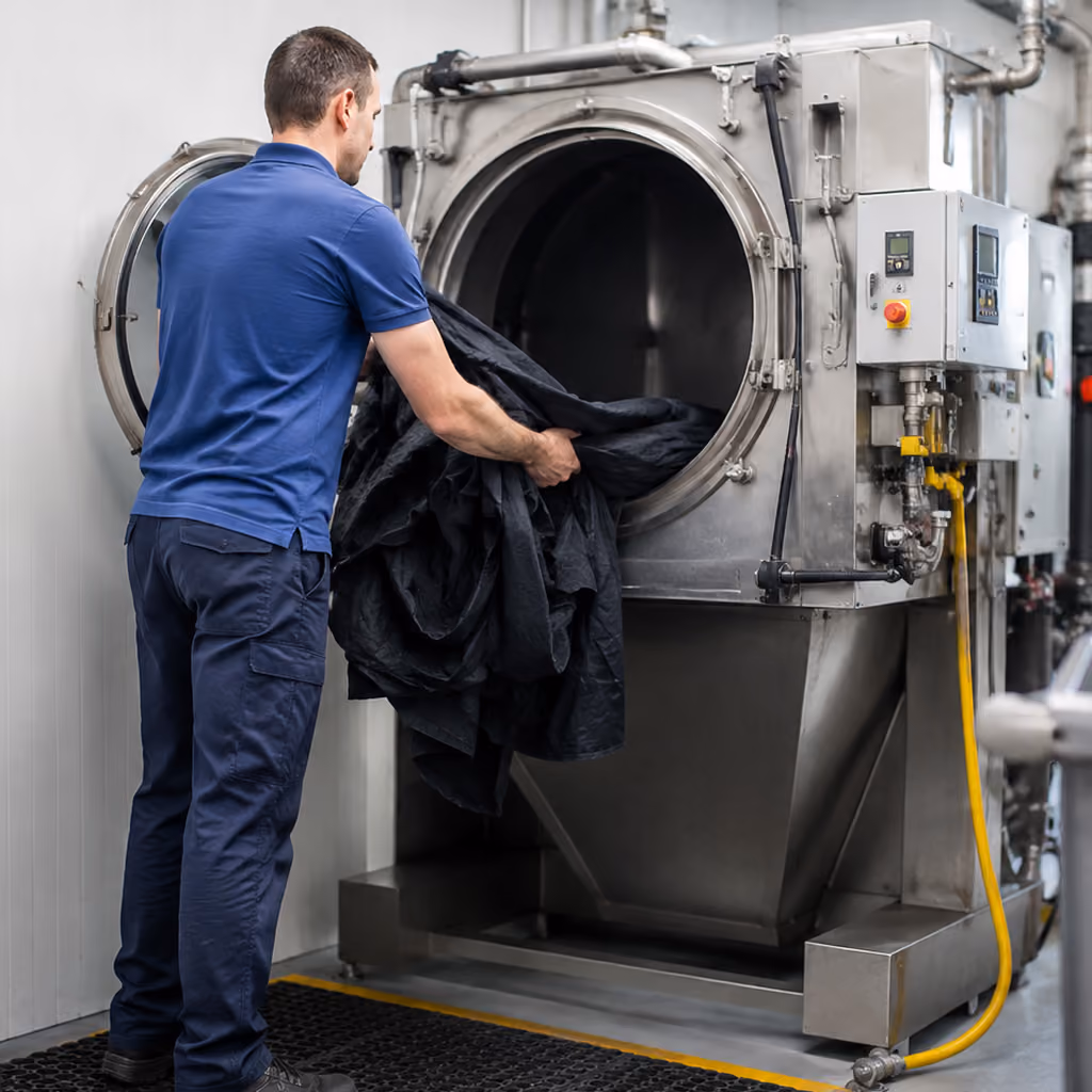 Mitarbeiter lädt technisches Gewebe in eine industrielle Finishing-Anlage.