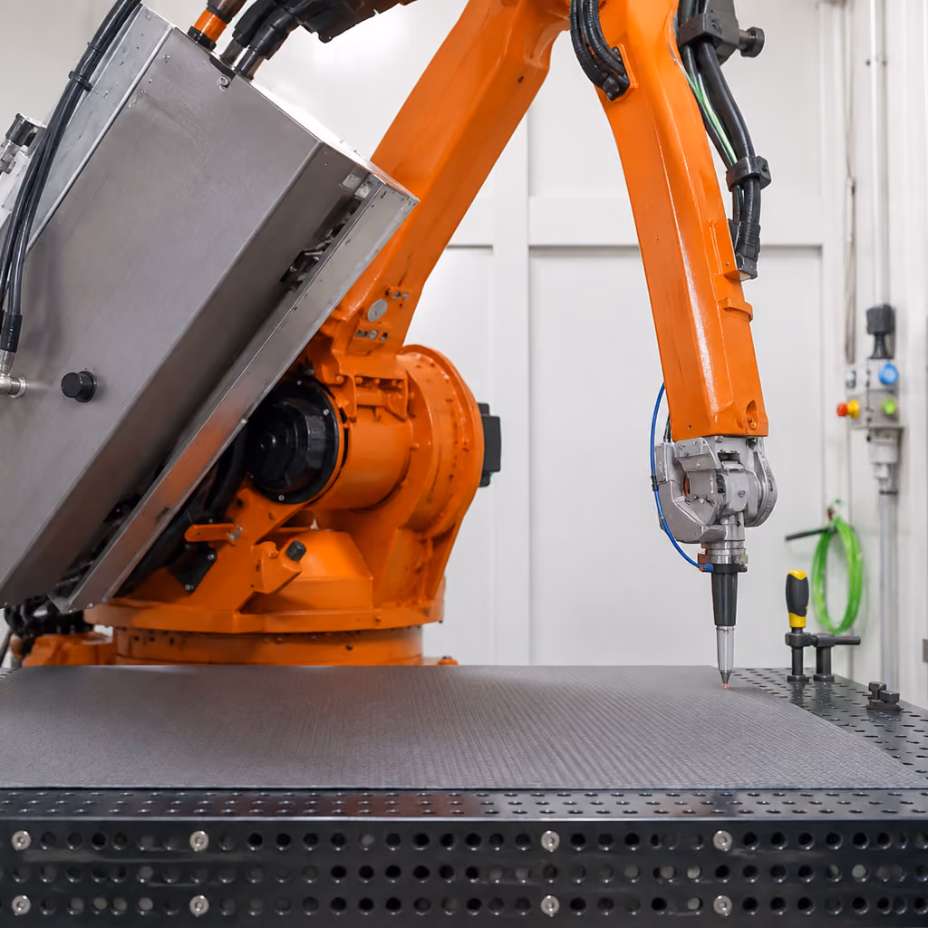 Industrieroboter schneidet technisches Material mit hoher Präzision.