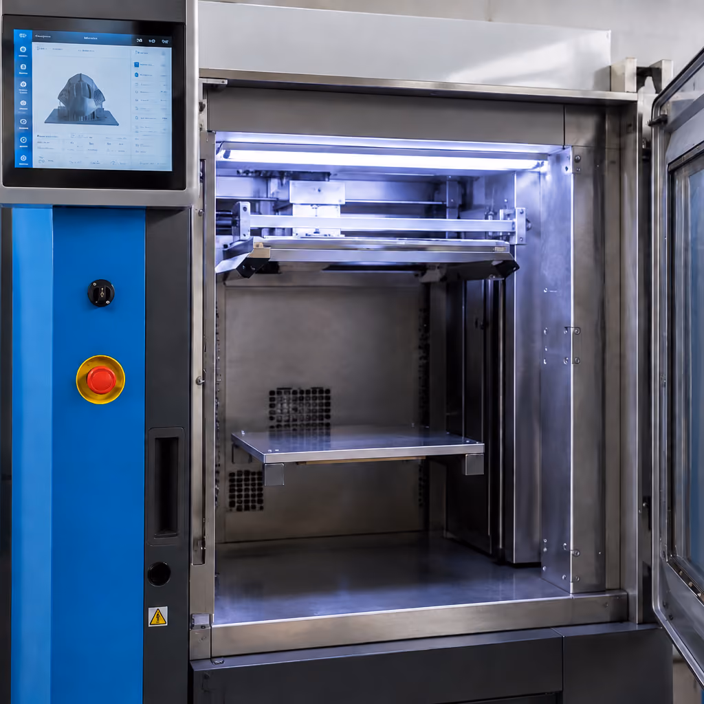 Geöffneter industrieller 3D-Drucker mit leerem Bauraum.