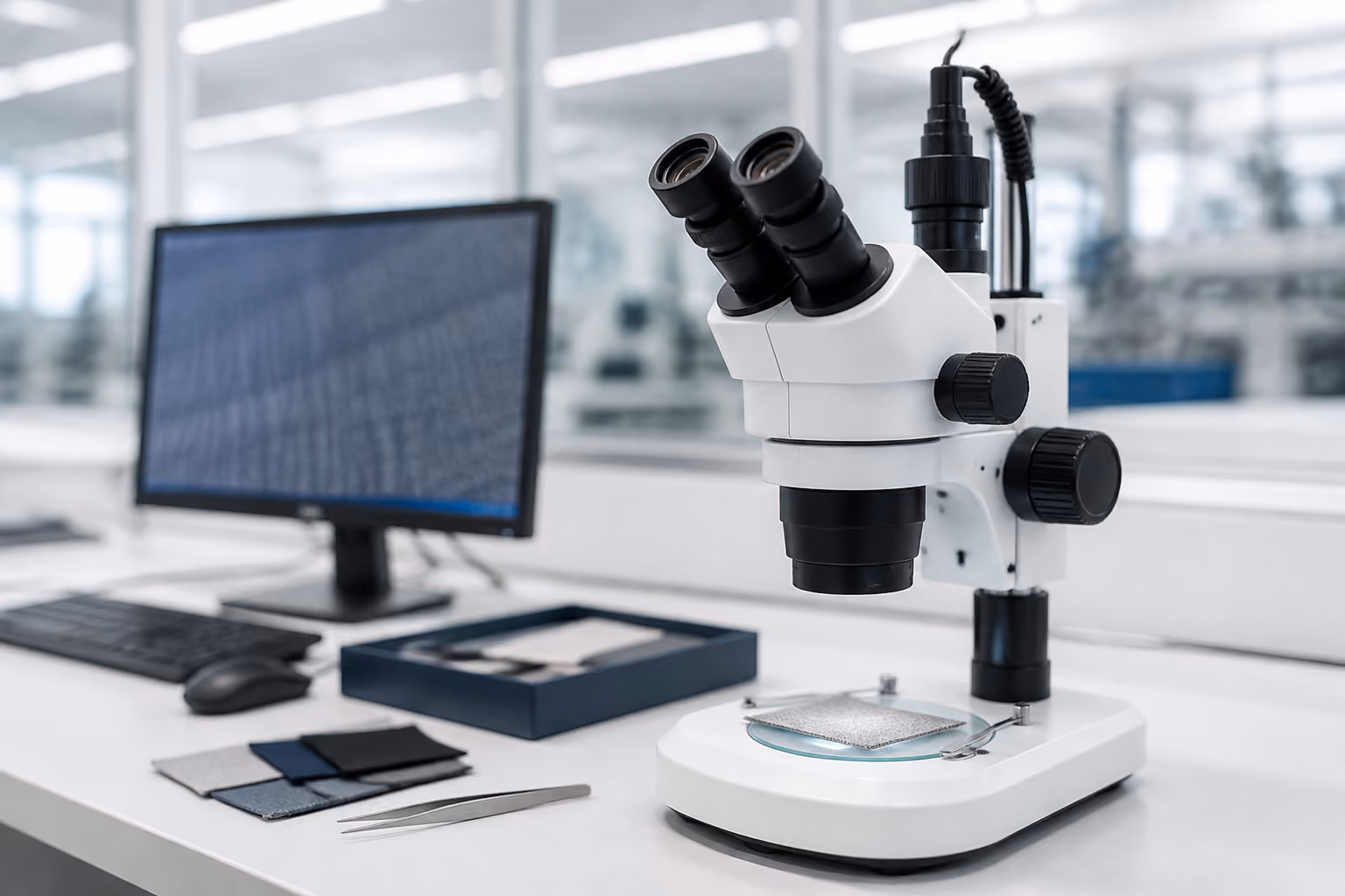 Stereomikroskop zur Qualitätsprüfung technischer Textilien.