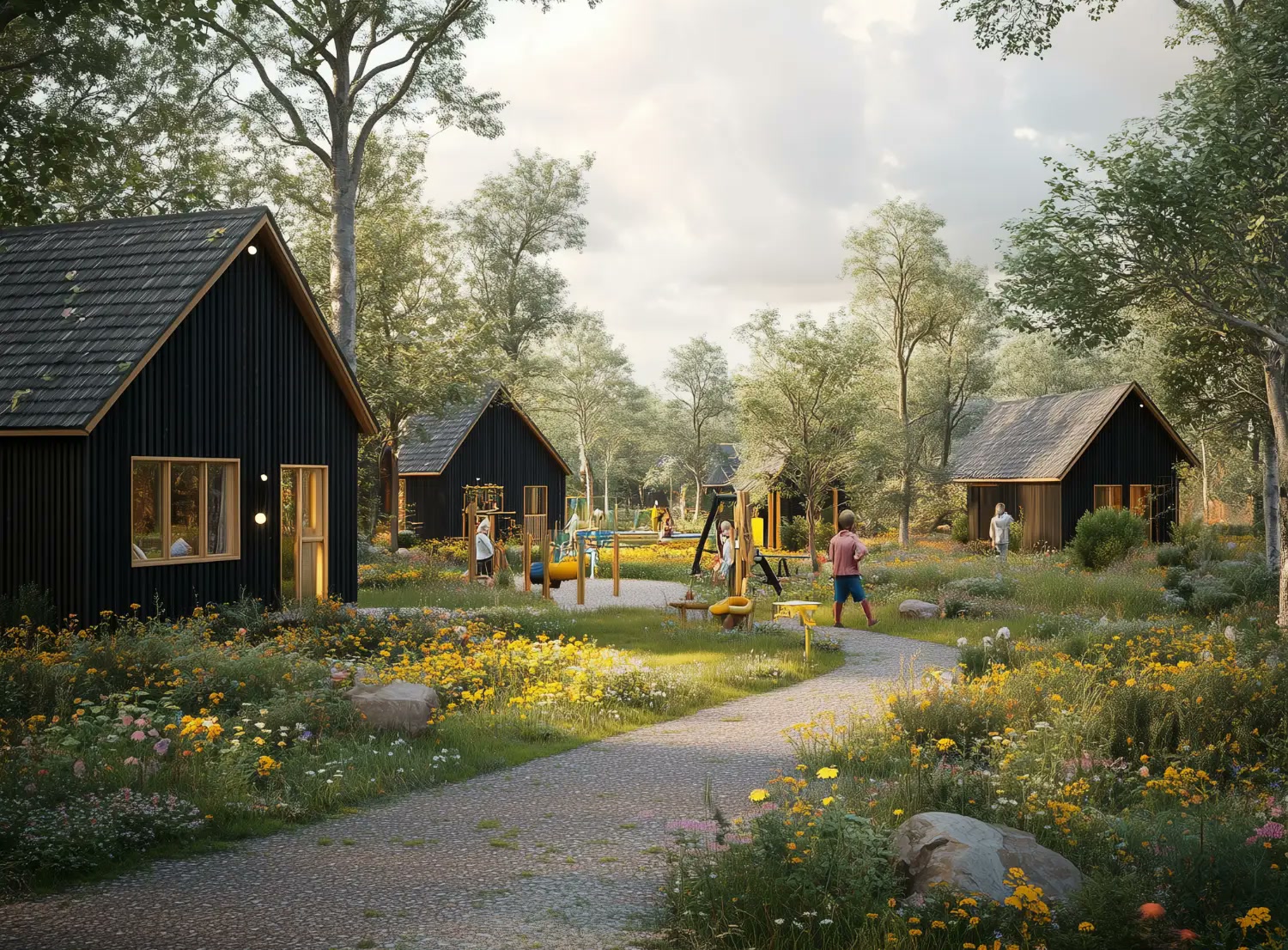 Holiday park cabins and a children's play area along a path through a wildflower meadow