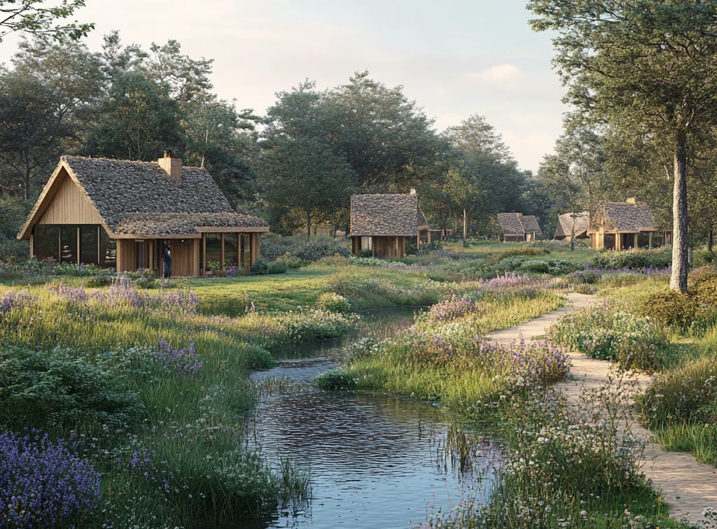 Holiday park cabins with stone roofs beside a stream and wildflower planting