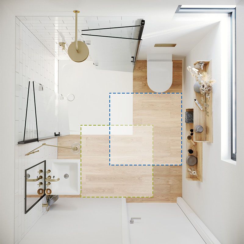 Ein Badezimmer aus der Vogelperspektive mit eingezeichneten Bewegungsflächen.