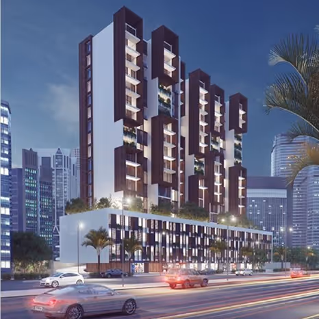 Terracotta residential tower with stepped facade by Emkaan