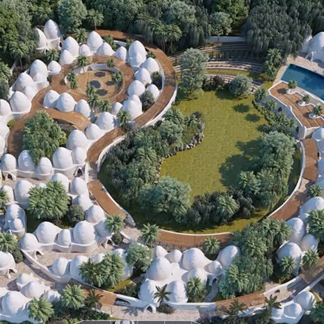 Aerial view of a domed residential community masterplan by Emkaan