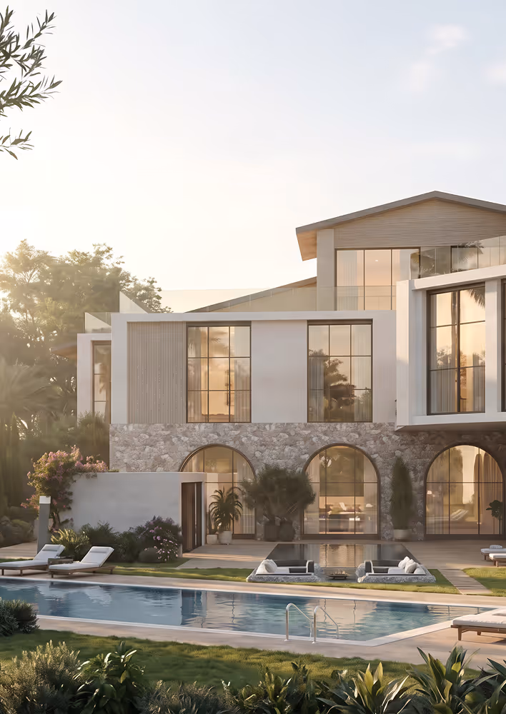 Contemporary villa exterior with swimming pool by Emkaan