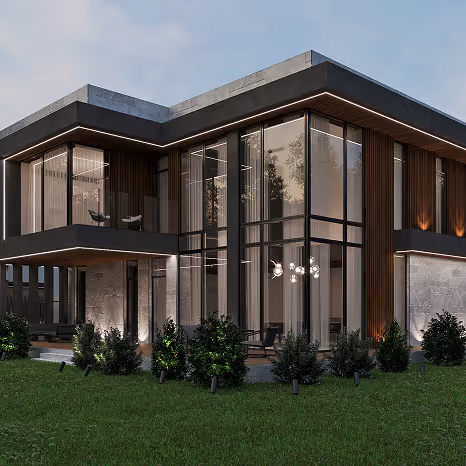 Modern villa exterior with dark facade and lawn by Emkaan