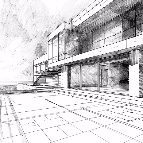 Architectural line sketch of a building by Emkaan