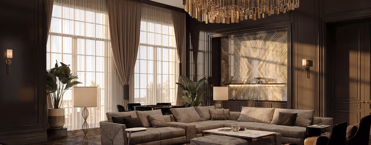 Luxury living room interior in the evening by Emkaan