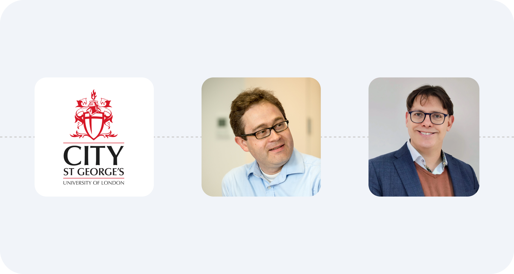 Three square images in a horizontal row on a light background. From left to right: City, University of London logo in red and black; a man with glasses and curly brown hair wearing a light blue shirt looking to the side; a man with glasses, dark hair, wearing a blue blazer over an orange sweater smiling at the camera.