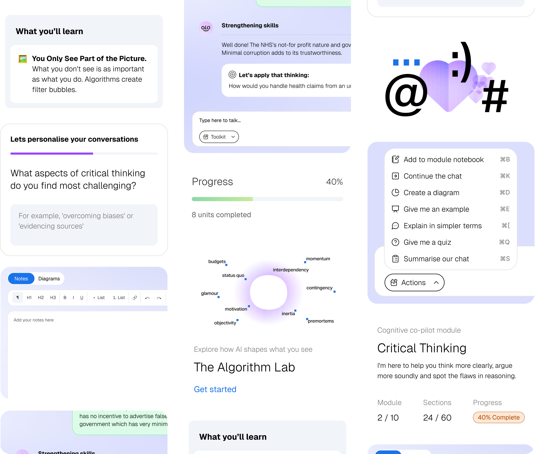 Collage of digital interface elements related to critical thinking learning, showing progress bars, text boxes, conversation prompts, an algorithm diagram with terms like 'momentum' and 'inertia,' and options for chat actions such as creating diagrams, quizzes, and summaries.