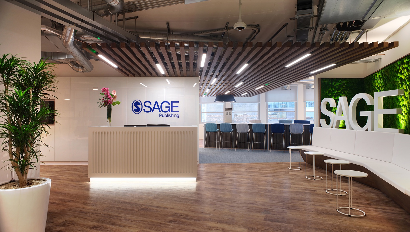 Modern office reception area with wooden flooring, white reception desk with SAGE Publishing logo, a large indoor plant on the left, and a seating area on the right with white benches and round tables in front of a green moss wall with large white SAGE letters. A bar area with high stools is visible in the background under exposed ceiling pipes and wooden slatted ceiling panels.