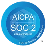 Blue circular badge with text AICPA SOC 2 and SOC for Service Organizations.