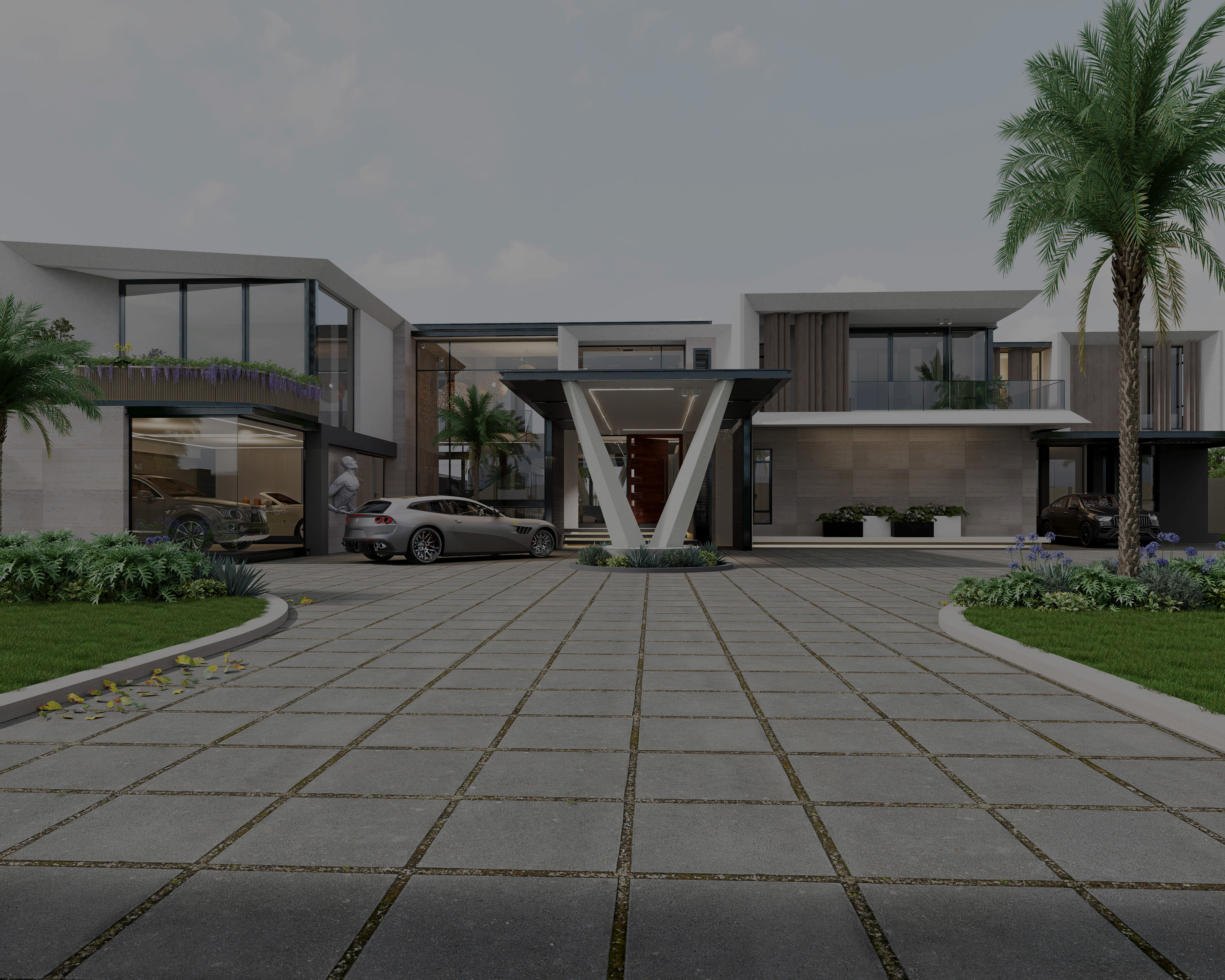 Modern luxury house with large tiled driveway, palm trees, and sports cars parked outside.
