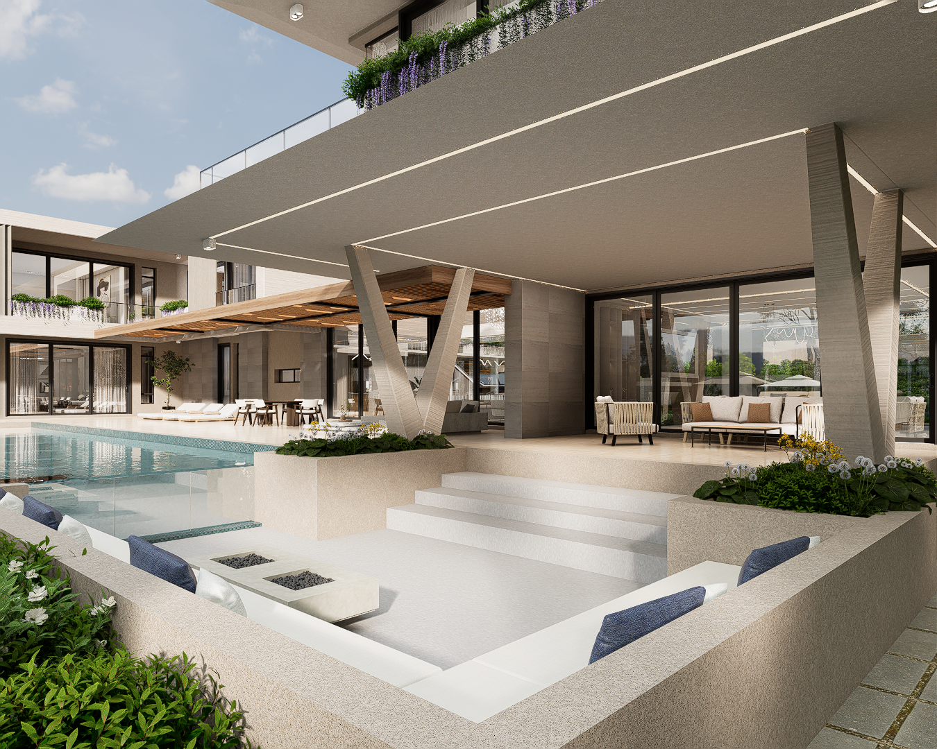 Modern outdoor patio with sunken seating, pool, and shaded lounge area with furniture and plants.