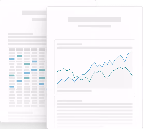 Zwei Dokumente mit Text, einer Tabelle und einem Liniendiagramm mit zwei steigenden Linien.