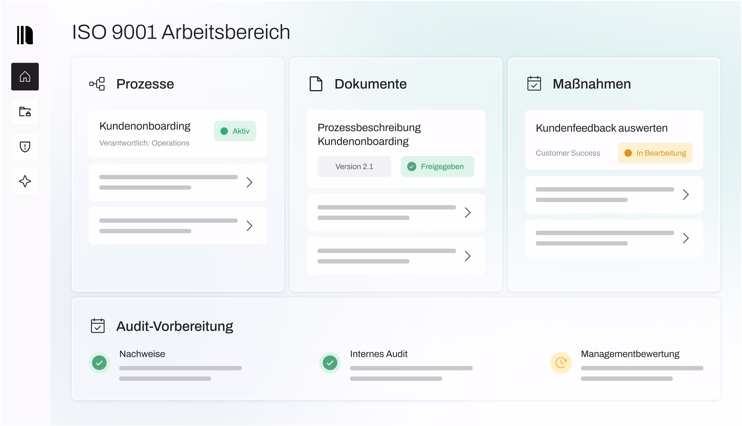 Benutzeroberfläche mit dem Titel ISO 9001 Arbeitsbereich zeigt drei Hauptbereiche: Prozesse mit aktivem Kundenonboarding, Dokumente mit freigegebener Prozessbeschreibung, Maßnahmen mit Kundenfeedback in Bearbeitung, dazu eine Audit-Vorbereitung mit Nachweisen, internem Audit und Managementbewertung.