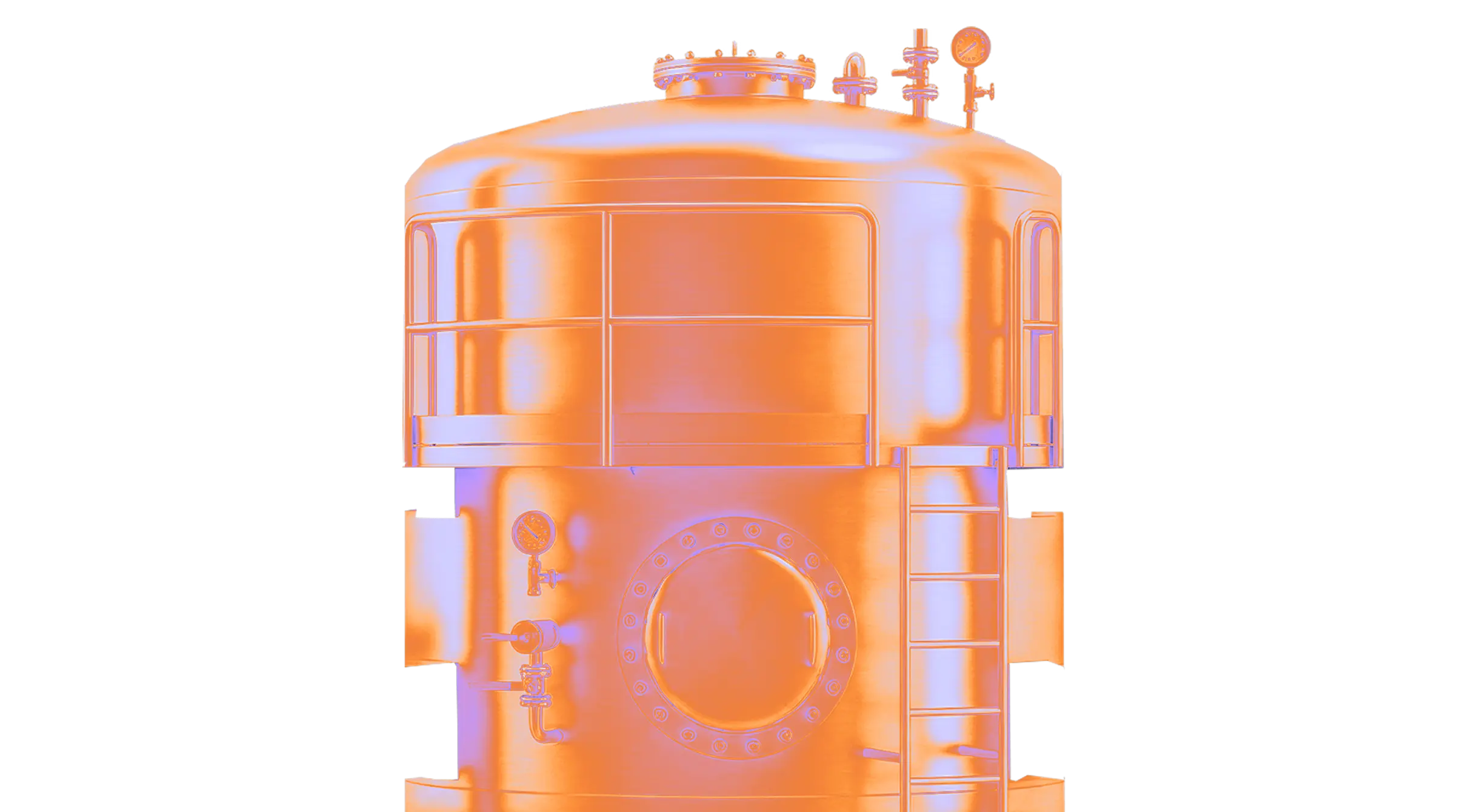 Large industrial stainless steel tank with gauges, valves, ladder, and handrail on black background.