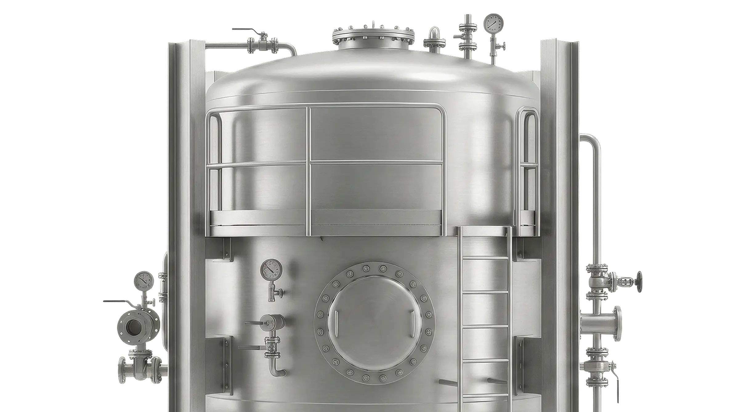 Large industrial stainless steel tank with gauges, valves, ladder, and handrail on black background.