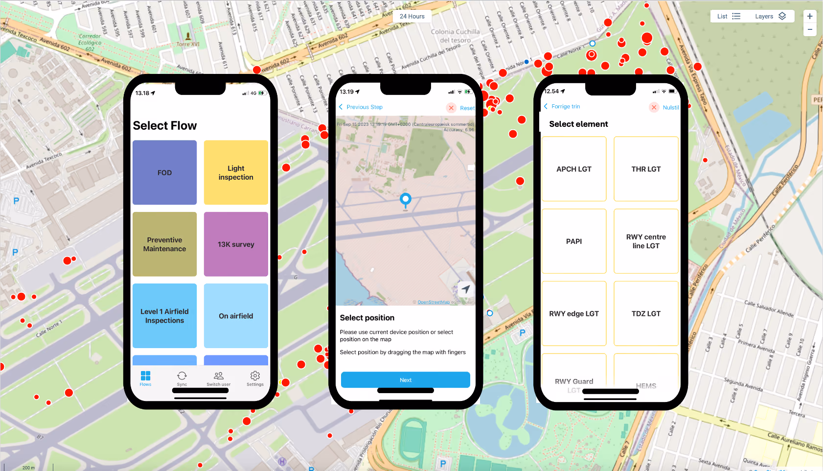 Three phone screens show app flows: selecting flow, map to pick position, and choosing airfield elements.