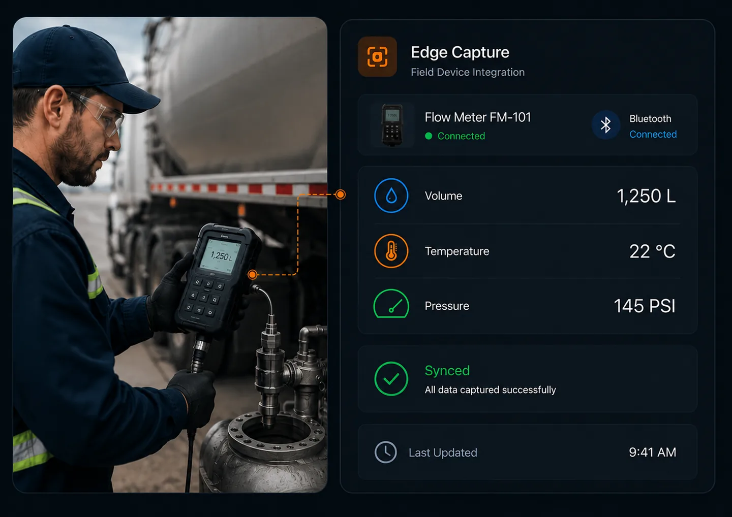 Worker using a handheld flow meter device connected to a valve with data on volume, temperature, and pressure displayed.
