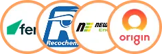 Four circular logos: Fel, Recochem, New Enterprise, and Origin arranged horizontally with orange borders.