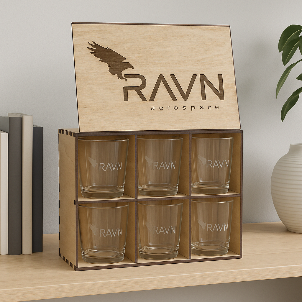 RAVN Aerospace rocks glass set with custom engraved wood presentation box