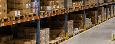 Warehouse shelves stacked with many cardboard boxes on pallets along a wide aisle.