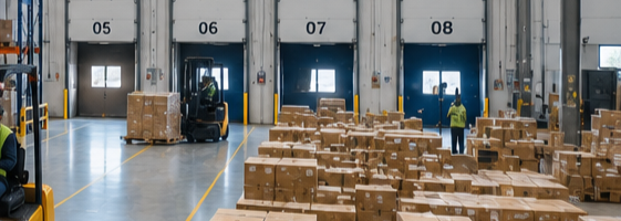 Warehouse with pallets of boxes, a forklift, and a worker near loading doors numbered 05 to 08.
