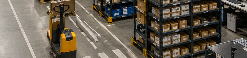 Warehouse aisle with shelves holding boxed inventory and a yellow pallet truck on the marked concrete floor.