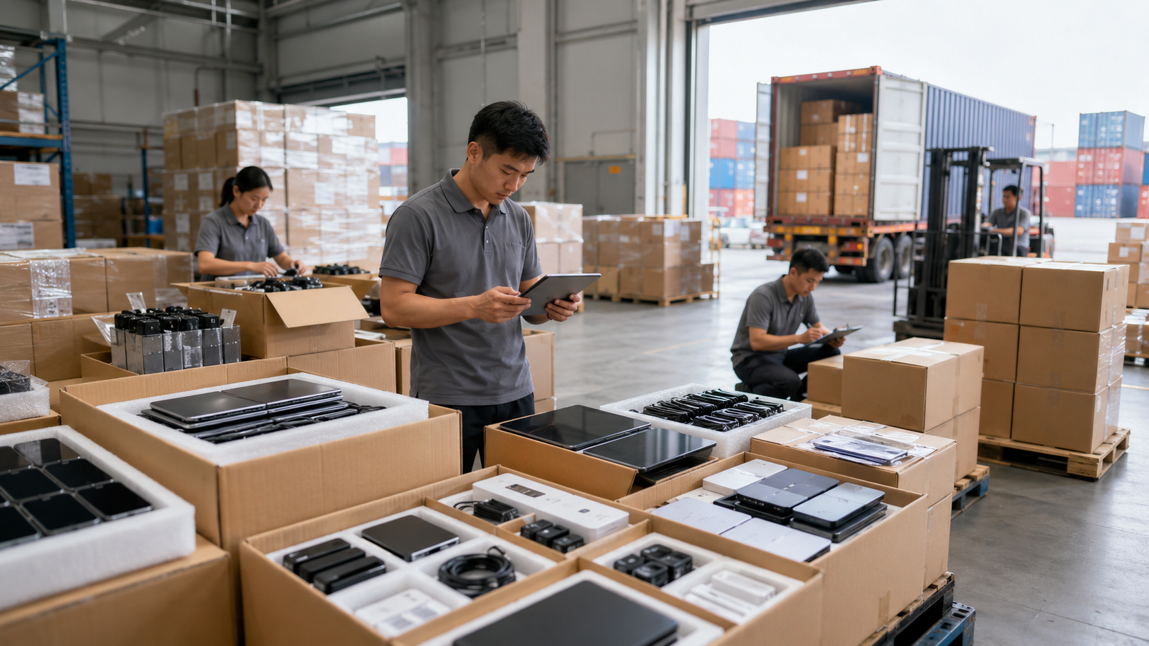 Warehouse workers inspecting and organizing electronic devices packed in boxes for shipping.