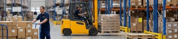 Workers moving and organizing boxes with a forklift in a large warehouse storage area.