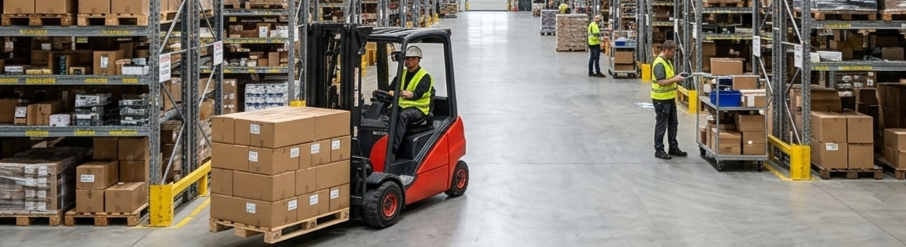 Warehouse with workers in safety vests loading boxes and a forklift moving stacked boxes on pallets.