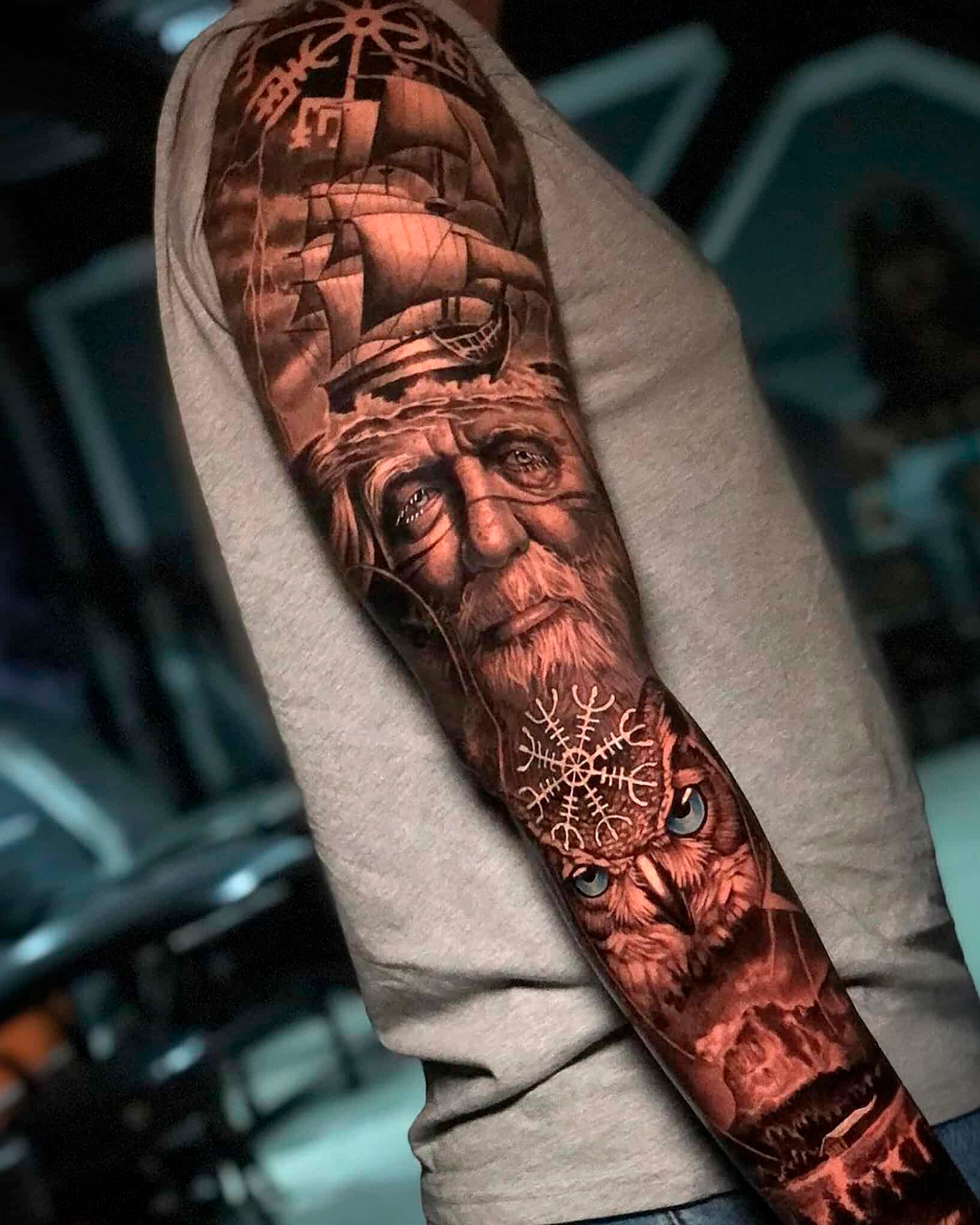 Black and grey full sleeve by Raza Tattoo in Aarhus 