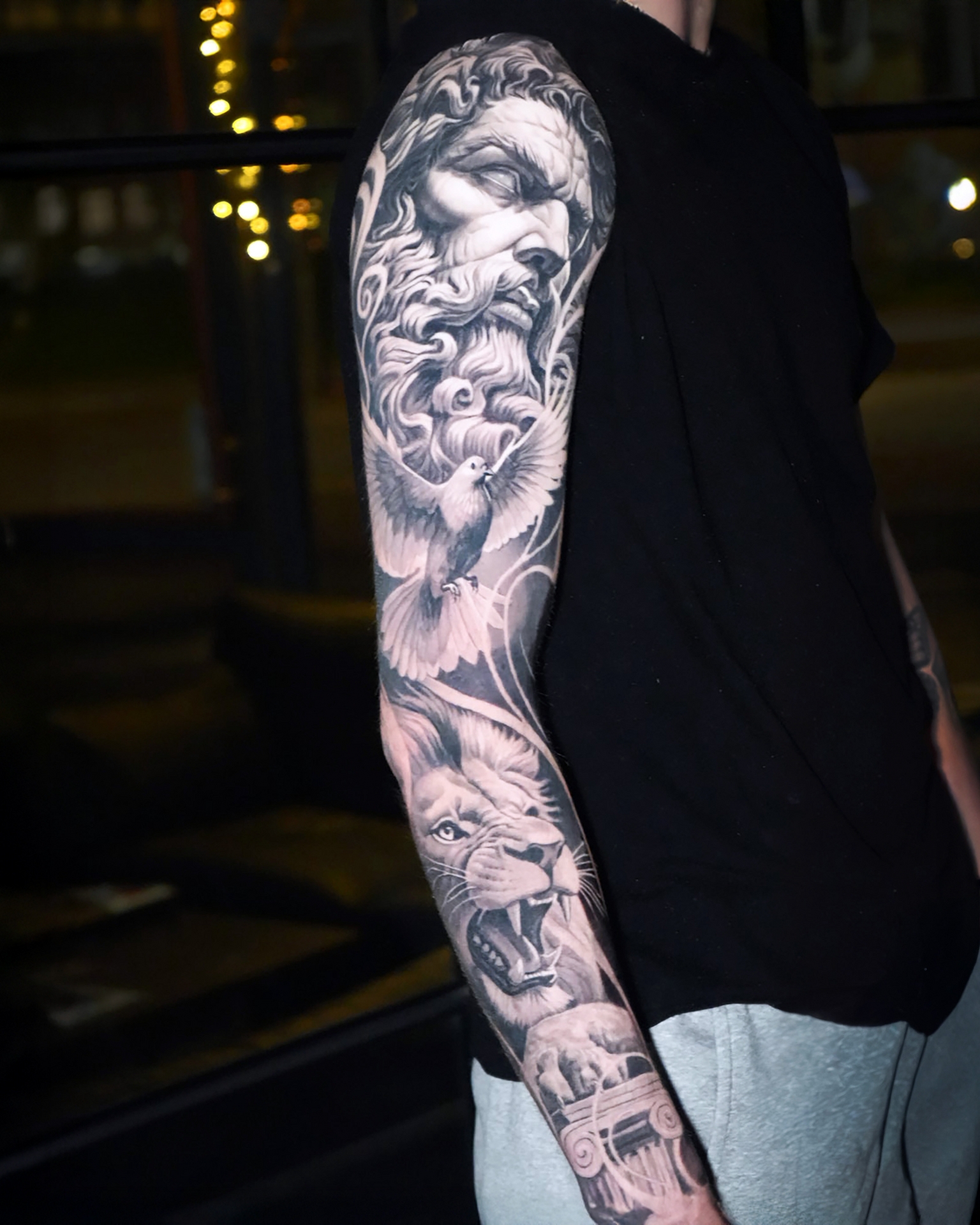 Black and grey full sleeve by Raza Tattoo in Aarhus 