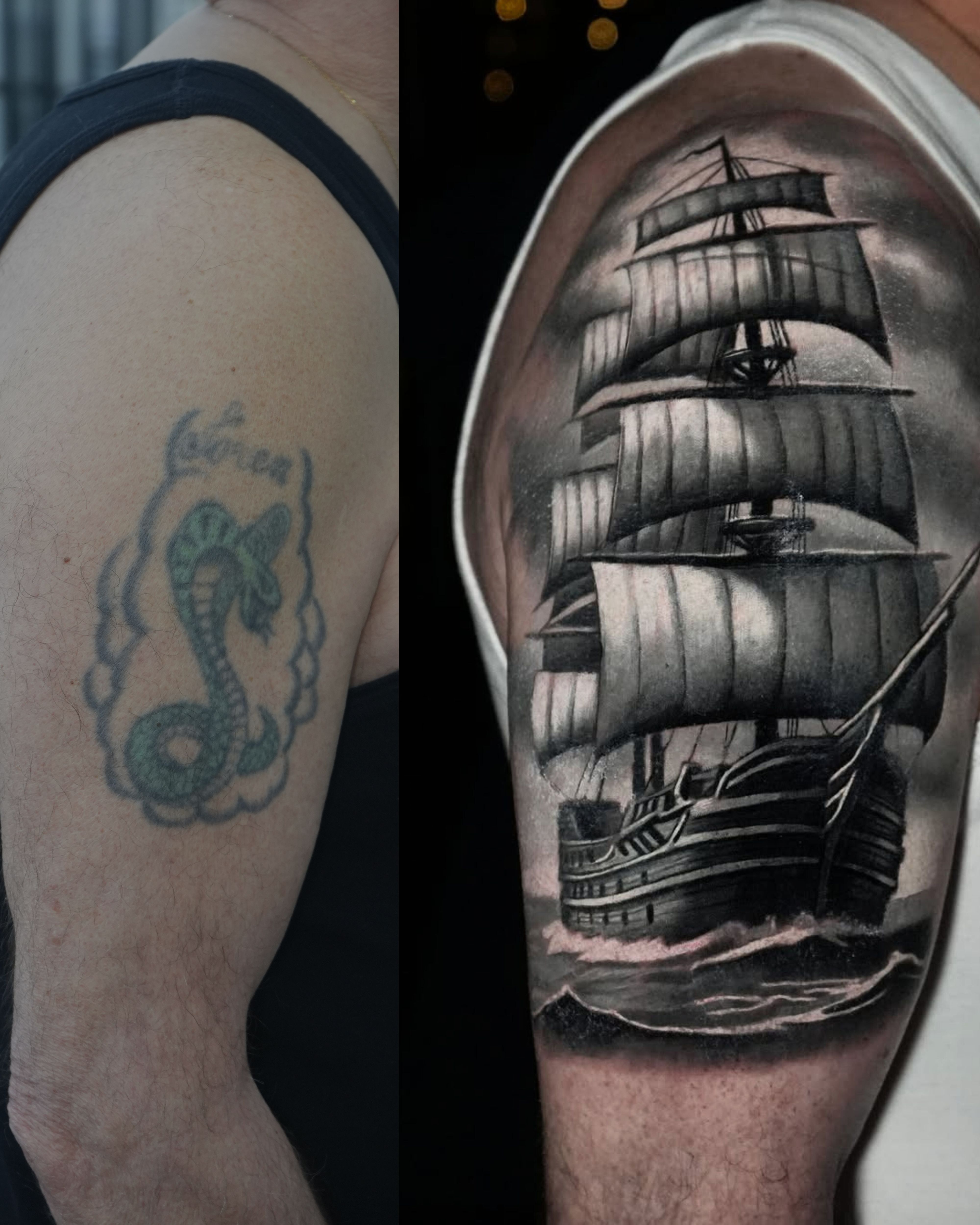 Coverup tattoo in black and grey realism by Raza Tattoo in Aarhus 