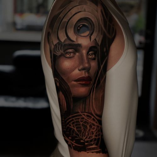 Abstract portrait of female in black and grey realism by Raza Tattoo Aarhus 