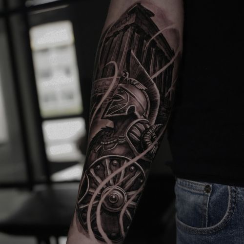 Black and grey tattoo of warrior by Raza Tattoo Aarhus Denmark 