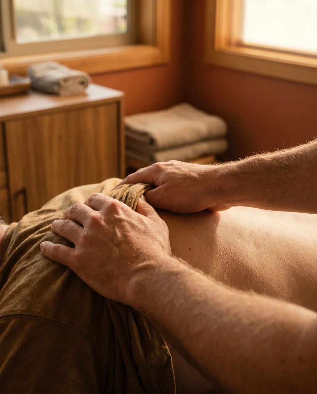 Osteopaat Niels behandelt met beide handen de rug van een cliënt tijdens een osteopathische behandeling