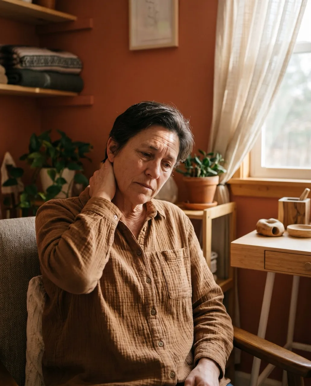 Vrouw met nekklachten houdt haar nek vast
