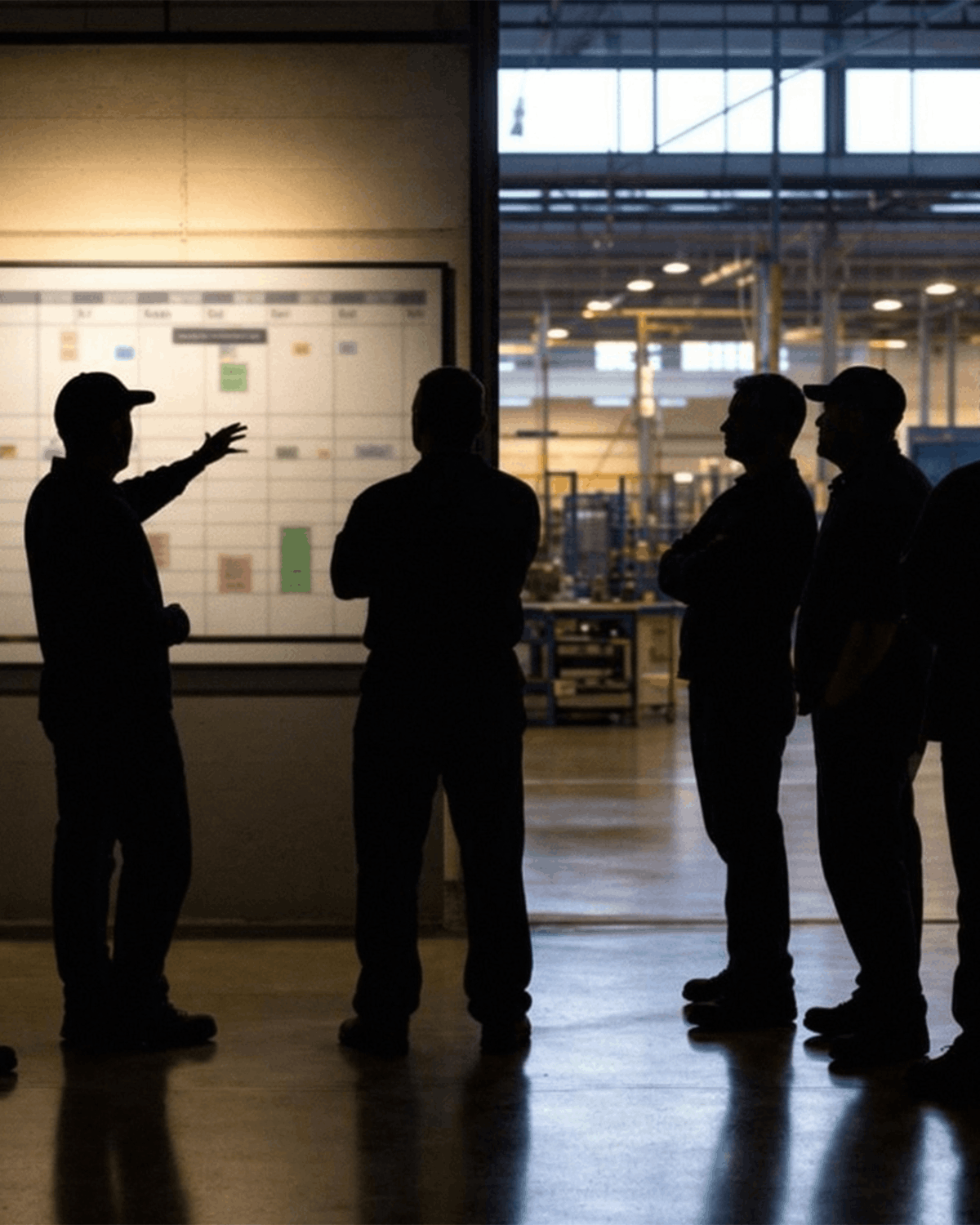 Operators and a manager reviewing work together on a manufacturing floor.