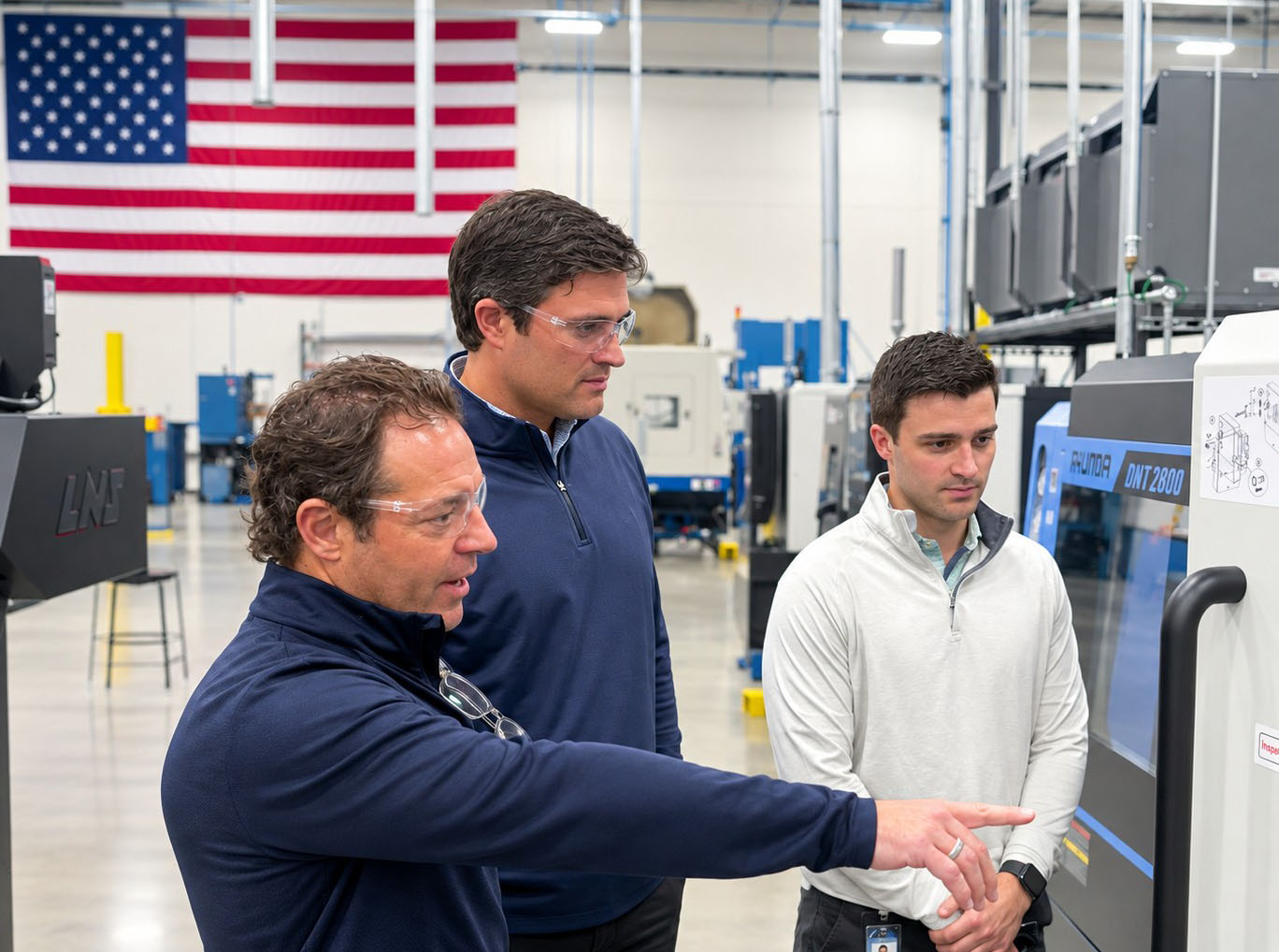 Two Torque Capital Group principals in safety glasses reviewing an automated production cell on a partner company's plant floor.