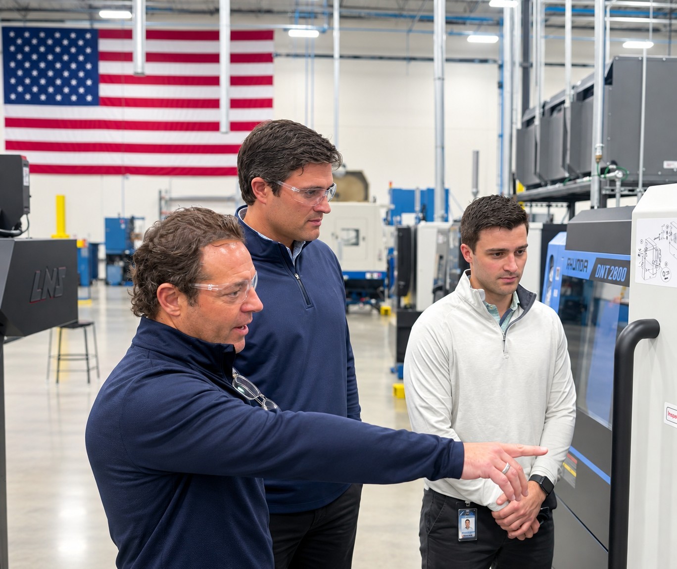Two Torque Capital Group principals in safety glasses reviewing an automated production cell on a partner company's plant floor.