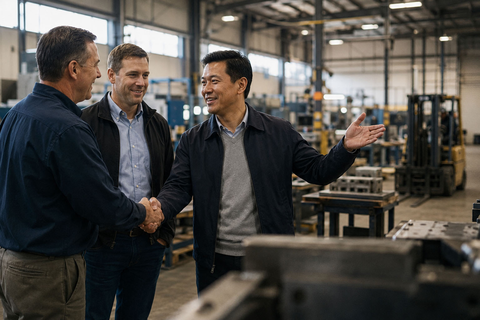 A Torque partner greeting a portfolio company leader during a plant visit.