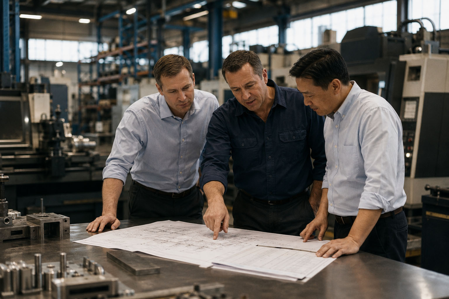 Torque partners and a plant manager setting the long-term plan over engineering drawings on the factory floor.