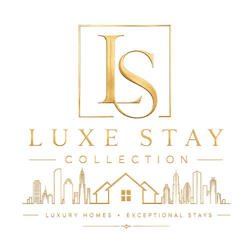 Gold Luxe Stay Collection logo with city skyline and house outline symbolizing luxury homes.