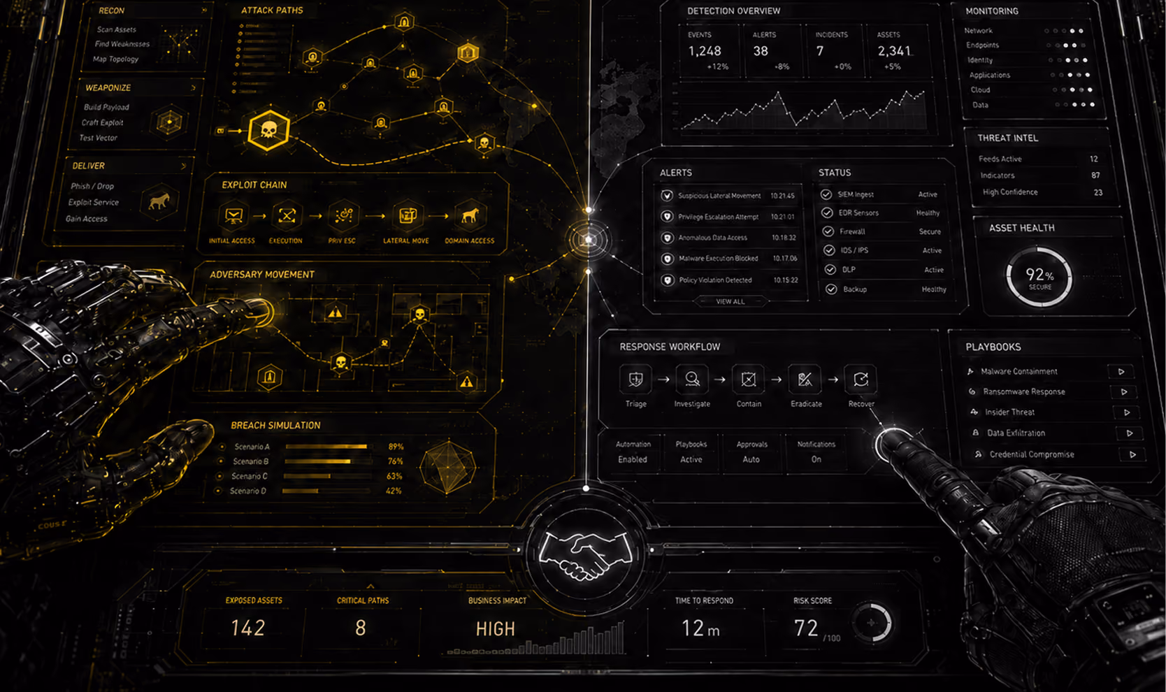 Futuristic black and gold user interface showing cybersecurity data including attack paths, exploit chain, adversary movement, breach simulation, detection overview with alerts and incidents, monitoring status, threat intel, asset health at 92%, response workflow options like triage and recover, playbooks for malware containment, and business impact labeled high; two robotic hands interact with the holographic screen from left and right sides.