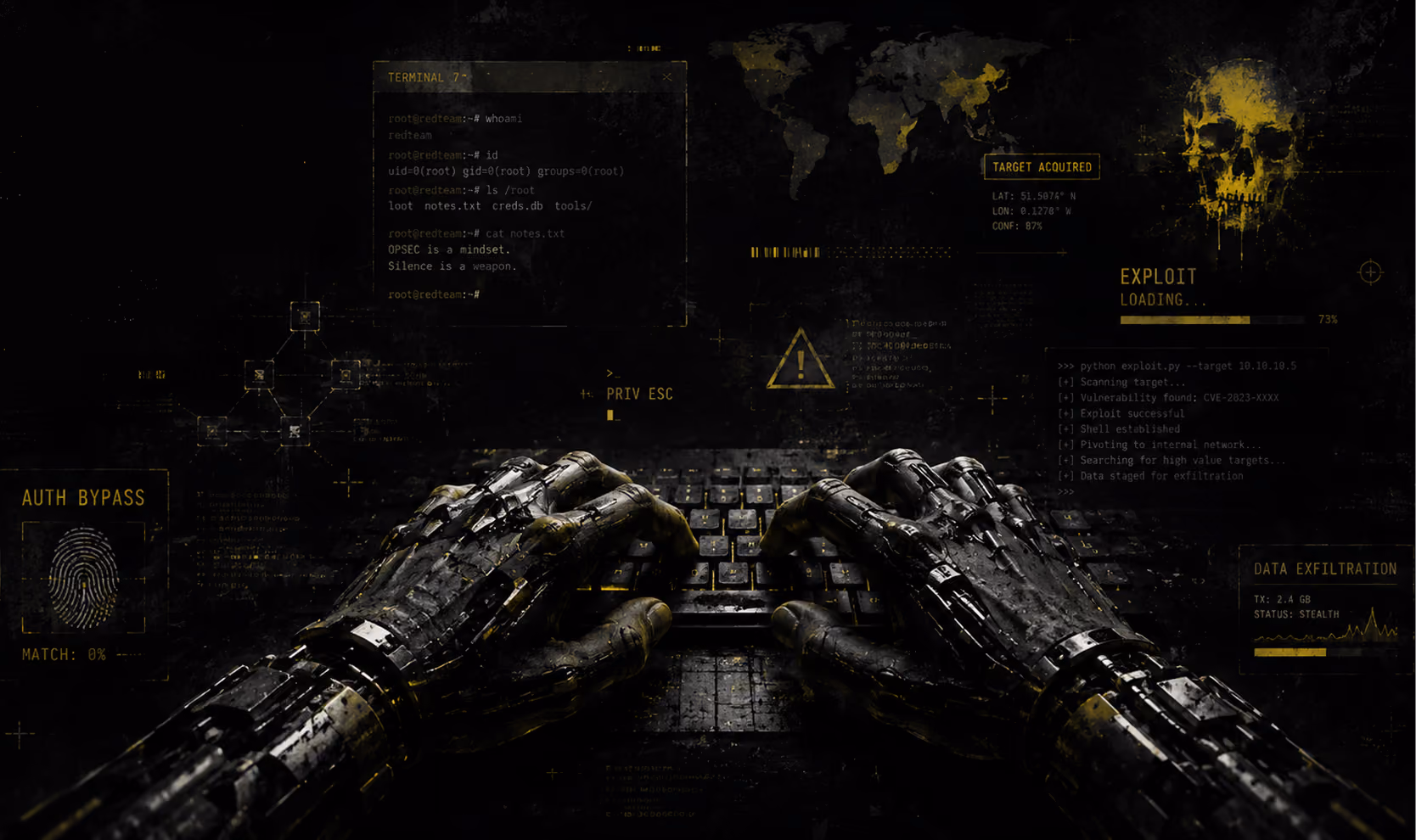 Dark cyberpunk-style image of robotic hands typing on a keyboard surrounded by hacking-themed interface elements including code, a world map, a skull icon, and labels such as AUTH BYPASS, EXPLOIT LOADING, and DATA EXFILTRATION.